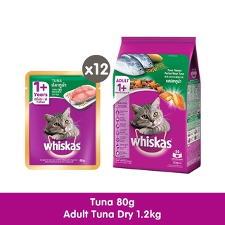 WHISKAS Cat Food Wet Tuna 80 g - 12 Pouch + WHISKAS Cat Food Dry Adult Tuna Flavour 1.2 Kg - 1 Bag