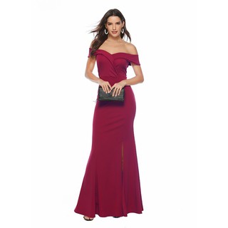 Off Shoulder Slit Maxi Dress  Women Burgundy  Formal  Dress  