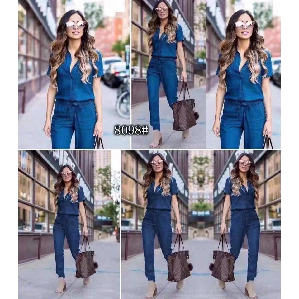 bohemian women 2colors elegant button denim jumpsuit fashion attire (568) |  Shopee Philippines