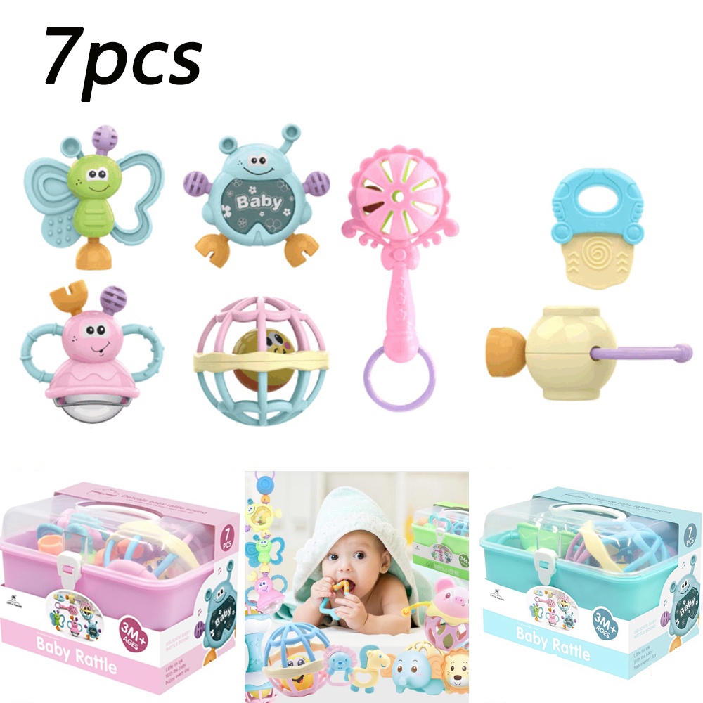 Baby Teether Rattle Teething Set of 7PCS Baby Bite Toys Baby Bite