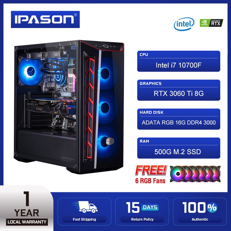 IPASON Gaming PC I7 10700F 8 Core RTX 2080 Super RTX 3060 12G 3070 8G RTX 3080 10G 16G 32G RGB 