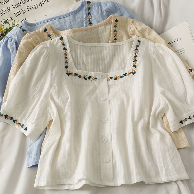 New summer embroidered blouse for ladies with square collar and bubble ...