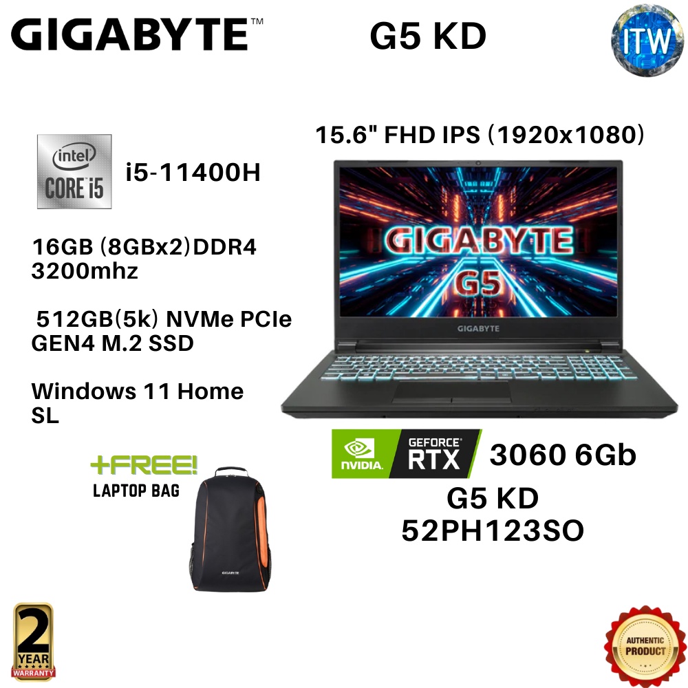 GIGABYTE G5 KD52MY123SO 15.6'' FHD 144Hz Gaming Laptop ( i5 11400H