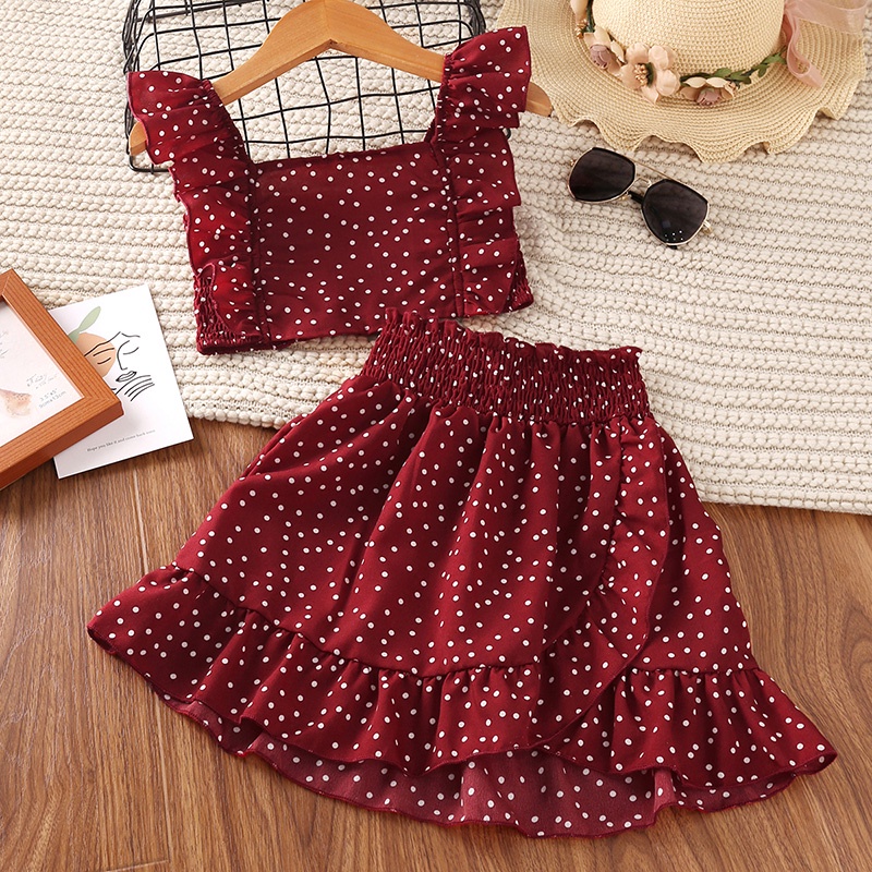 SIYYIS Terno For Girls Baby Clothes Set Kids Suits 5-12 Yrs Girl Chiffon  Outfit Polka Dots Elastic Red Crop Top And Waist A-Line Skirt Bm Style Sets  Stylish Dily Casual Vacation Holiday