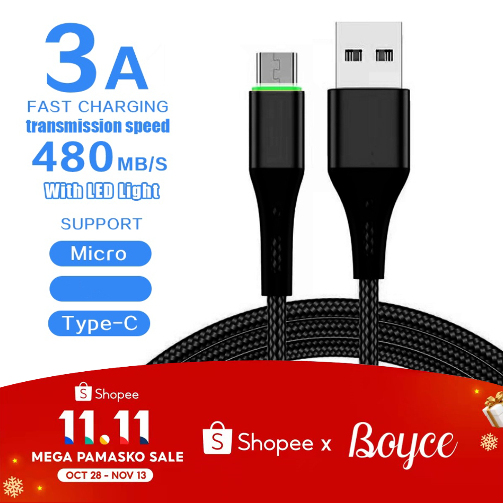 Boyce 3A Fast Charger LED Light Micro USB / TypeC fact Charging Cable for Android for IPh