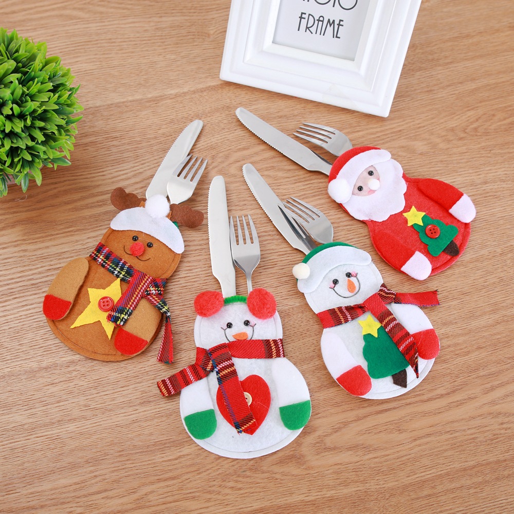 Cute Christmas Santa Hat Reindeer New Year Pocket Fork Knife Cutlery Holder Table Dinner Decoration