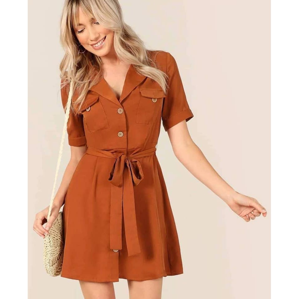 V-neck Casual Plain Brown Dress | Shopee Philippines