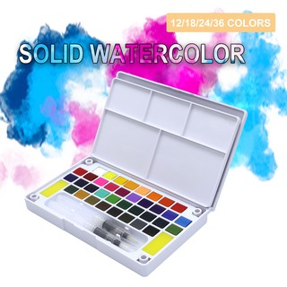 SeamiArt [Ready Stock] 12 18 24 36 Colors Solid Watercolor Set With 2pcs Water Brush Pens Sponge