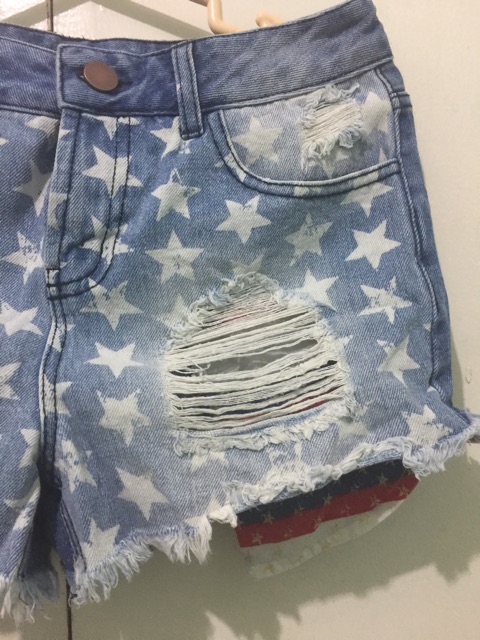 star print denim shorts