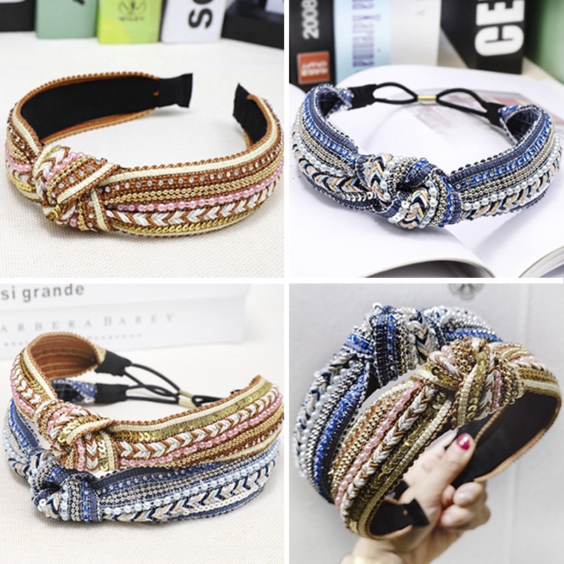 Korean Boho Sequin Women S Knot Headband Pearl Weaving Hairband