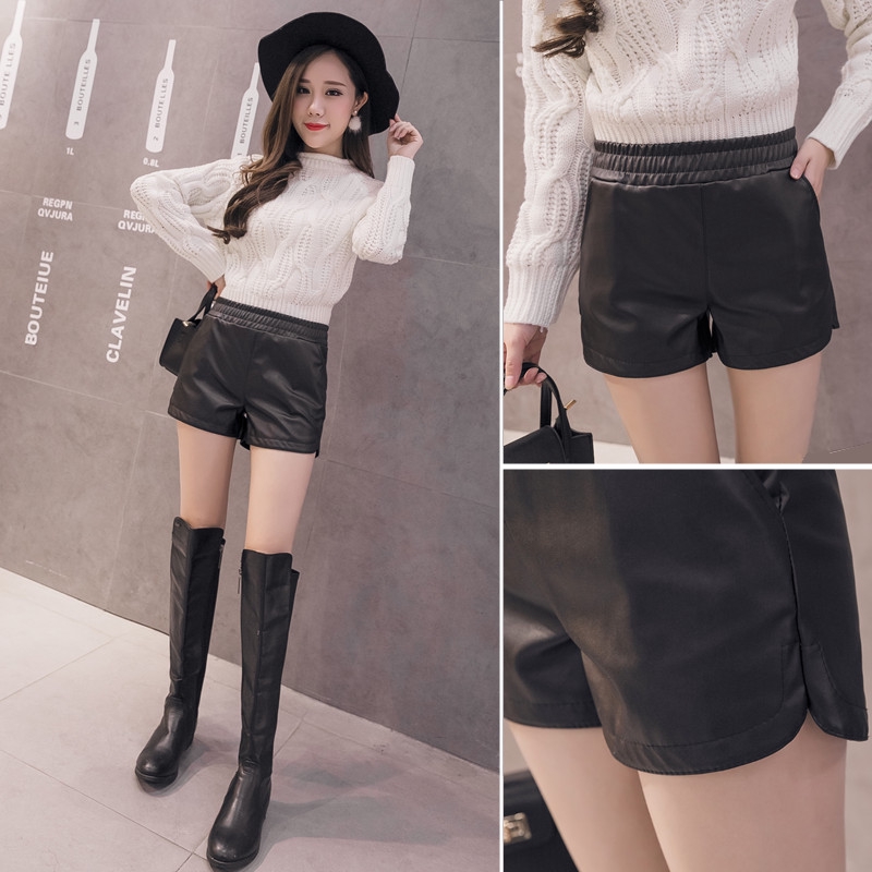 elastic waist leather shorts