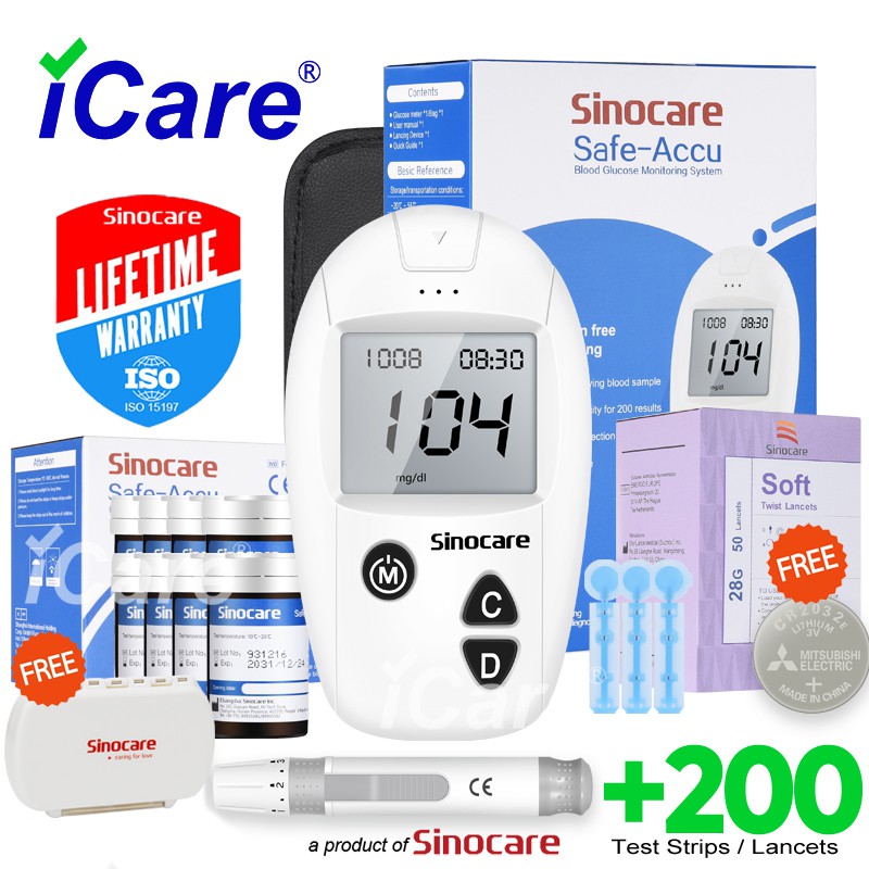 iCare®SA200mc Sinocare Blood Glucose Meter SET (1Meter+200 Test Strip+ ...