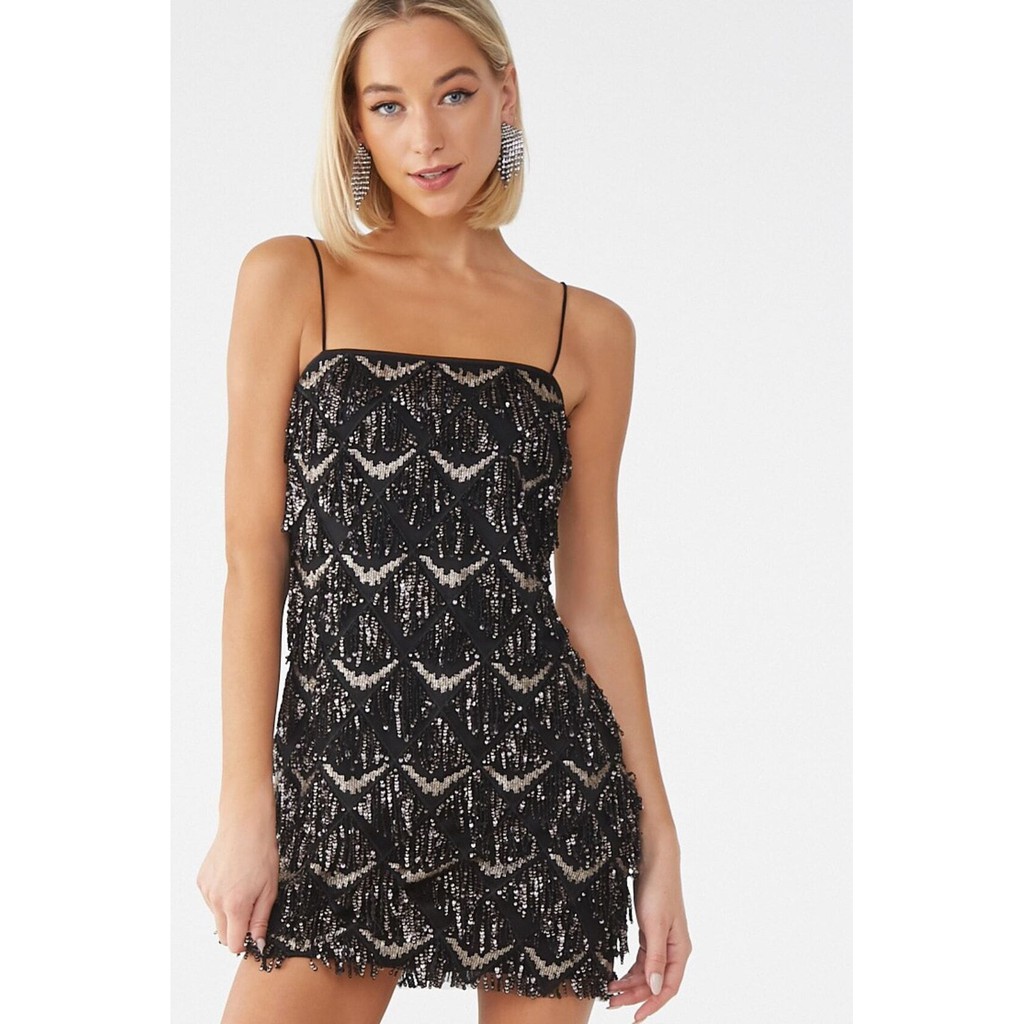 black mini fringe dress