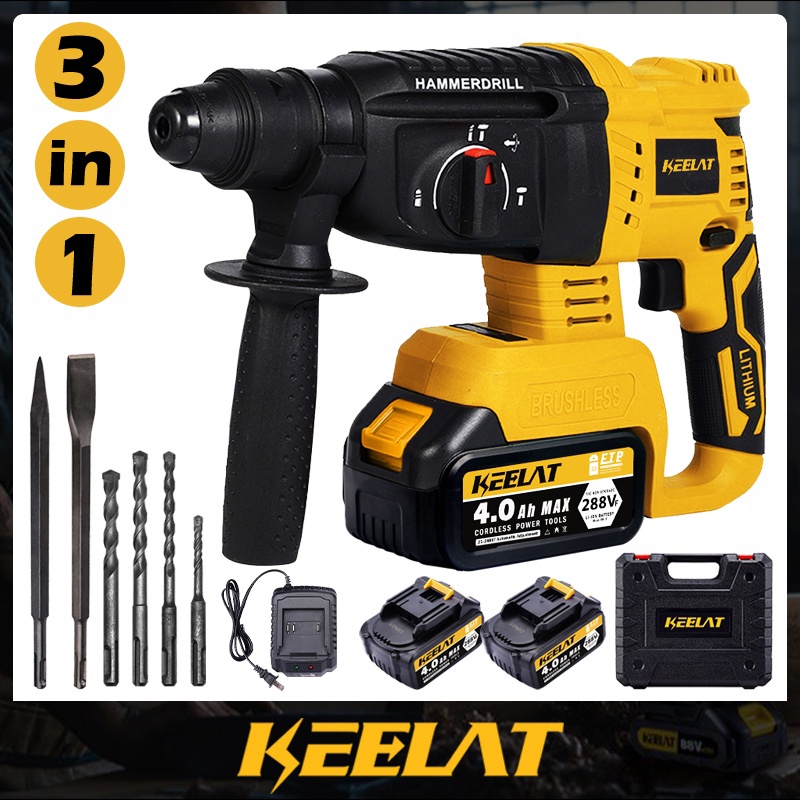 KEELAT Rotary Hammer Drill Electric Cordless Brushless Hammer Impact ...