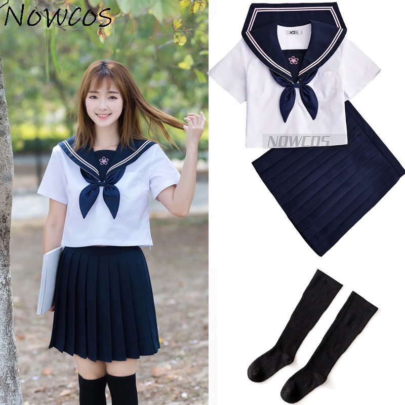 Navy blue JK uniform Autumn Summer Short/long Sleeve Japanese School ...