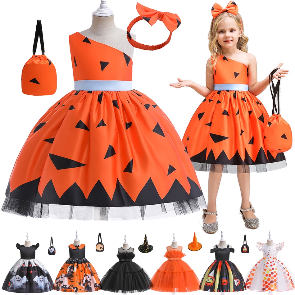 Halloween Theme Dress For Girl Skeleton Pumpkin Print Costume Ghost Bat ...