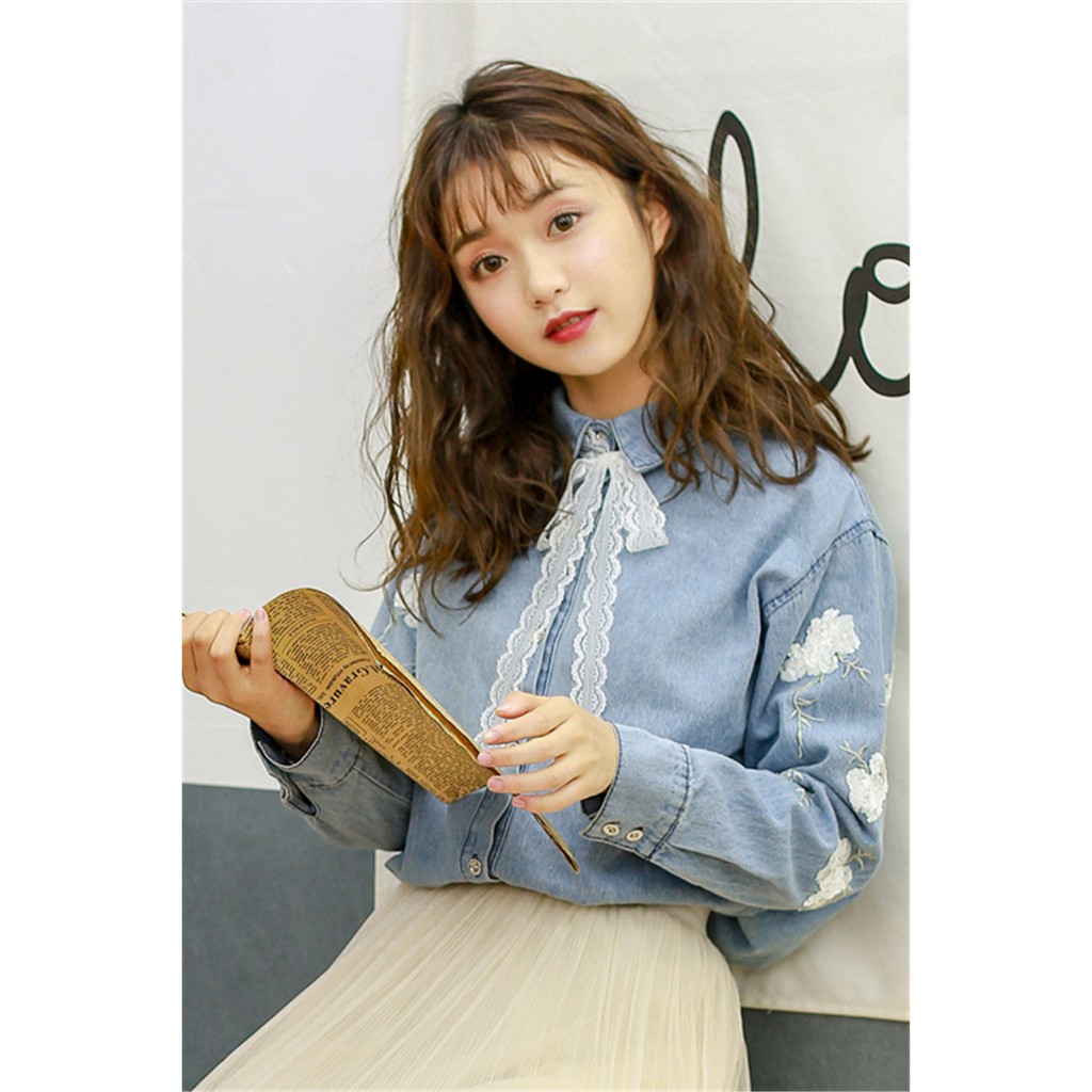 womens denim shirt with bow tie