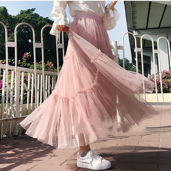 Yarn Skirt Woman Half-body Skirt Smog Blue Pleated Skirt Fairy ...