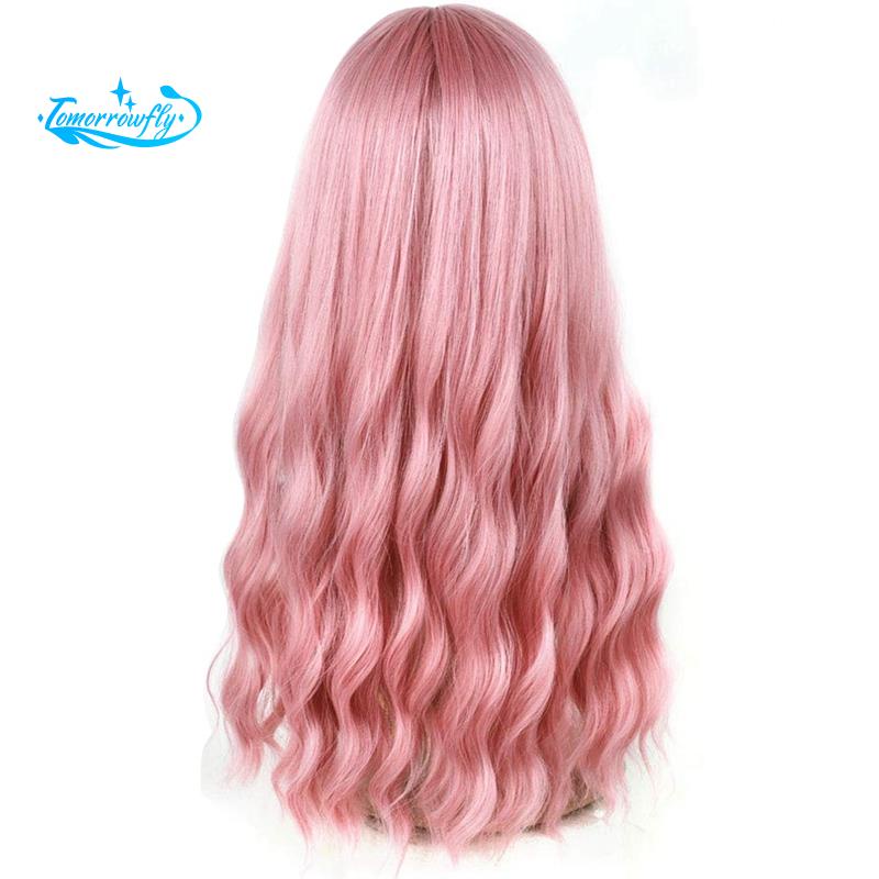 Pink Wig with Bangs Long Wavy Wig with Air Bangs Silky Full Heat