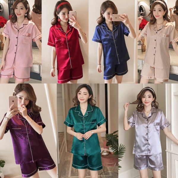 MODERN Korean Plain Color Ice Silk Satin Sleepwear Terno Pajama (Top ...