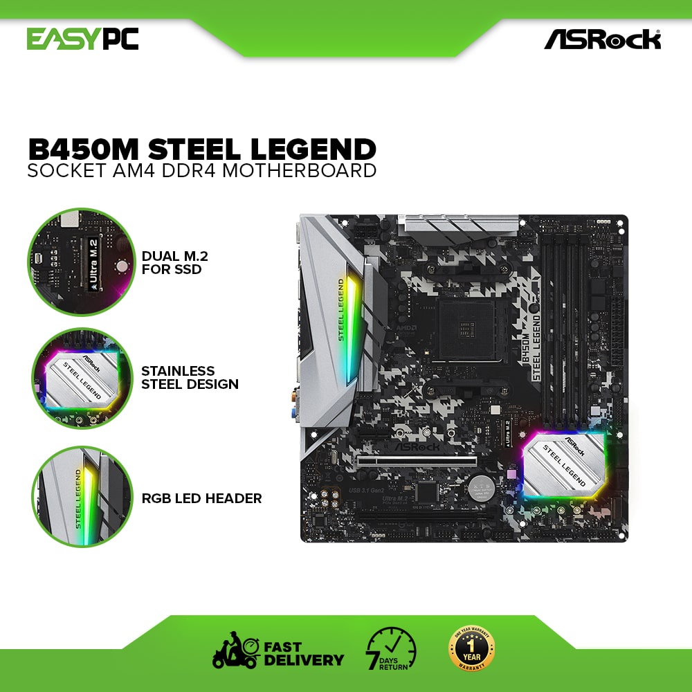 ASRock B450M STEEL LEGEND Socket AM4/ AMD Promontory B450/ DDR4/ Quad ...