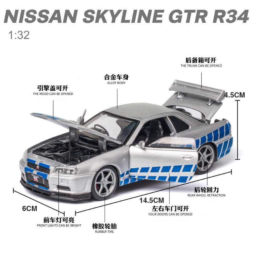1 32 Nissan Skyline Gtr R34 Diecast Vehicles Car Model Sound And Light Pull Back Car Model Collection Car Toys Shopee Philippines