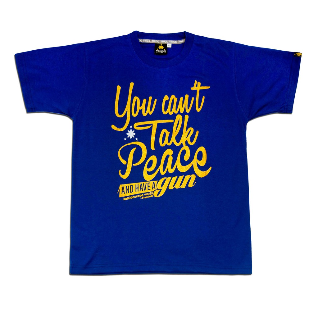 royal blue shirt with gold print