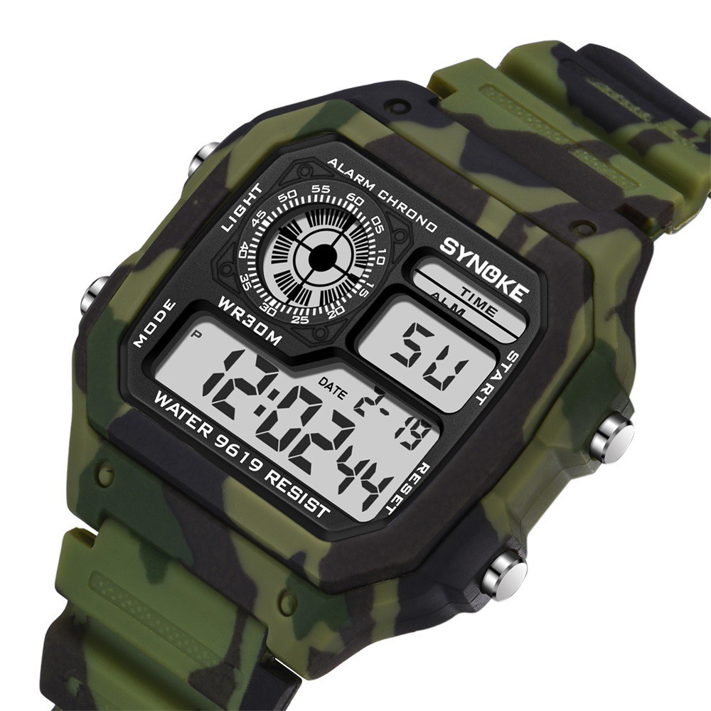 Synoke Digital Watch Camouflage Style G Shock Multifunctional Waterproof 30m for Man and Women Students 9619