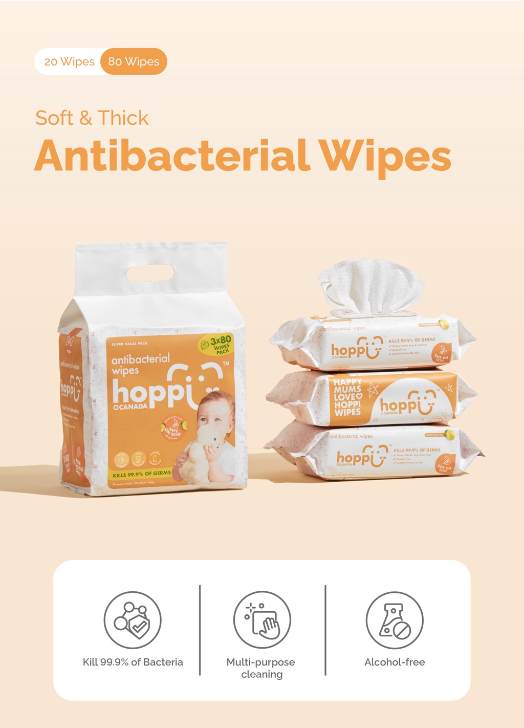 Hoppi Premium Soft and Thick Antibacterial Wipes/Baby Wipes/Wet Wipes