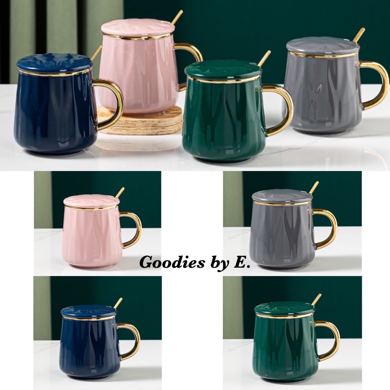 Luxury ceramic coffee mug with lid and spoon cup elegant gold rim tableware Coffee mug