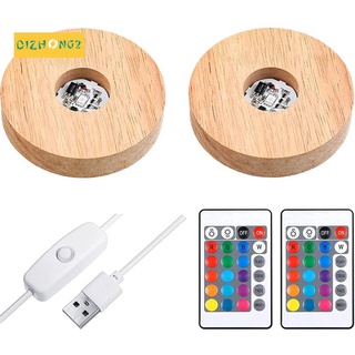 2 Pcs LED Lights Display Base Colored Round Wooden Lighted Base Stand with Remote Control for Crysta