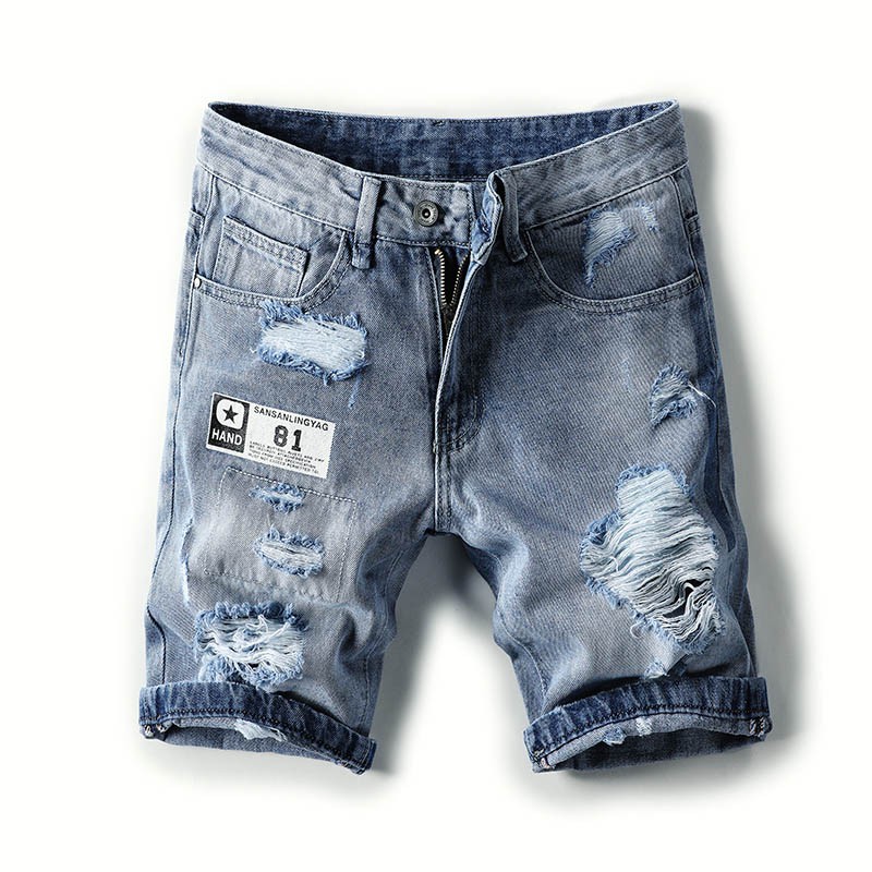 mens blue ripped denim shorts