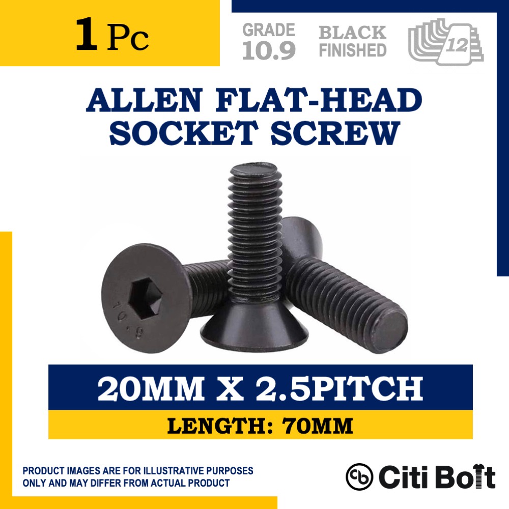 1pc Allen Flat Head Socket Screw / Allen Countersunk Bolt M20 x 70MM ( 20MM x 2.5PITCH ), CITI BOLT