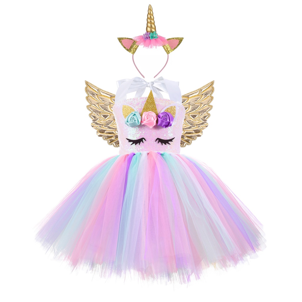 3PCS Girls Unicorn Princess Dress Set Kids Rainbow Tutu Party