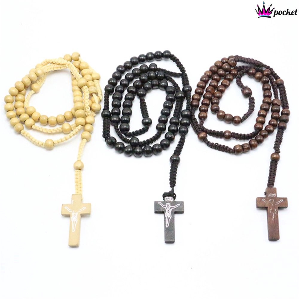 Men/'s Women/'s Wood Necklace Rosary with cross Jesus cross Pendant Necklace New
