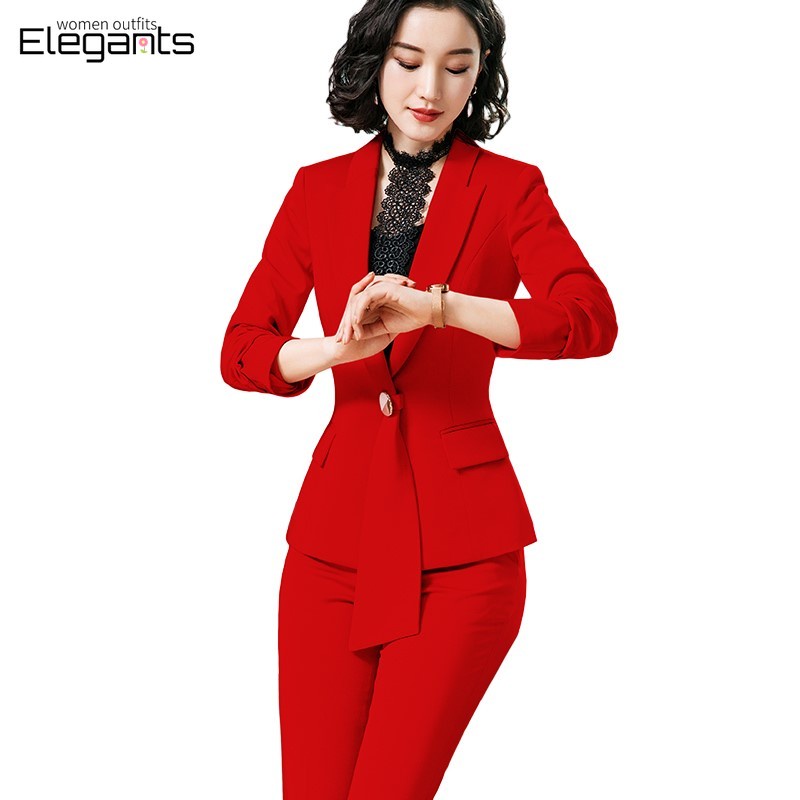 Red Pant Suits for Office Lady Business Work Wear Formal Uniform Outfit ...