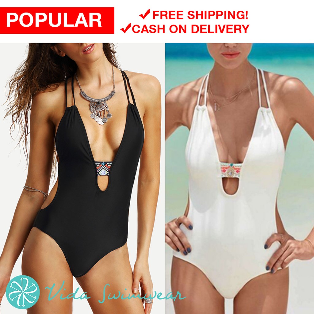 Sexy Back One Piece Swimsuit Deep V Cut Aztec Swimwear Shopee Philippines