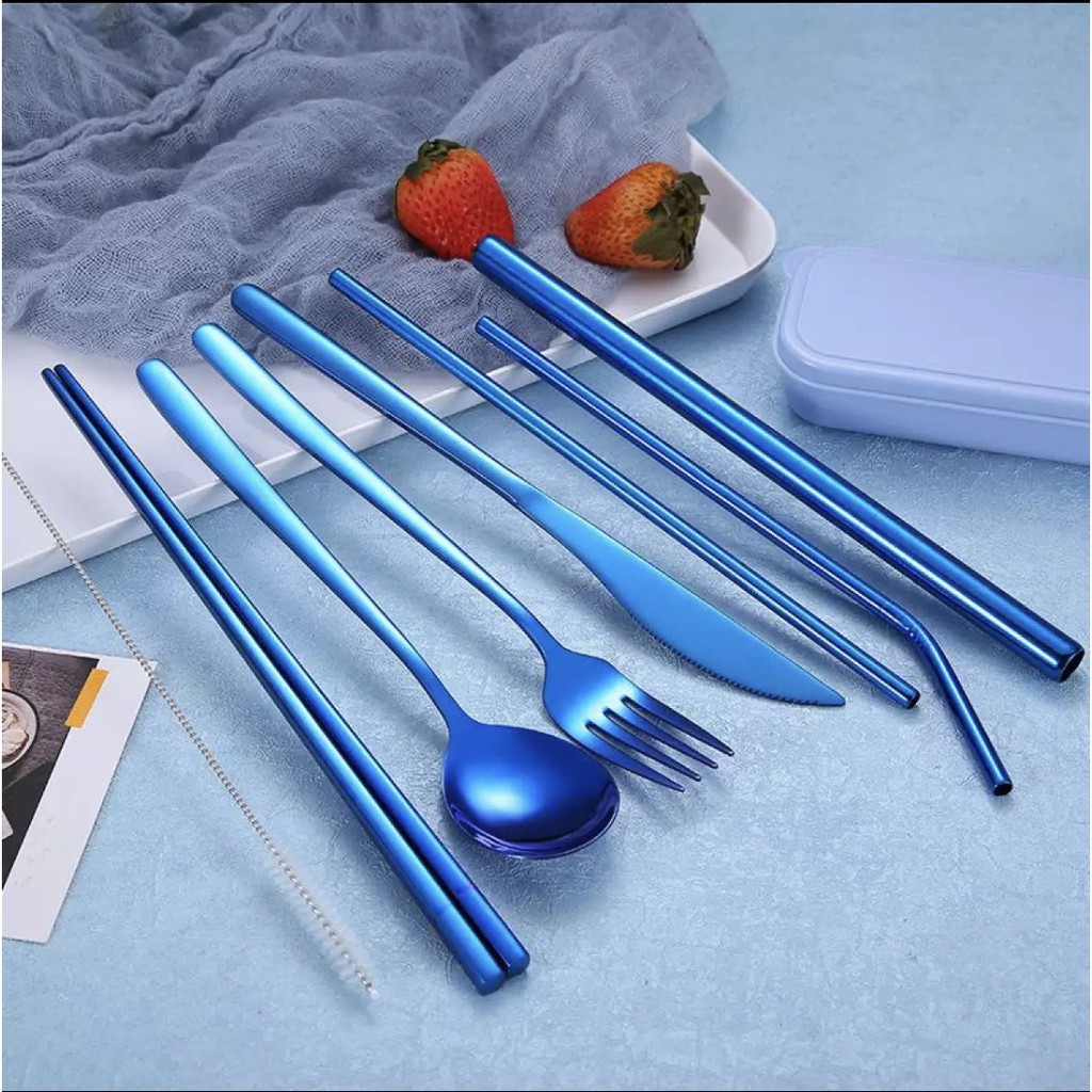 8pcs Metal Cutlery Set Knife Chopsticks Spoon Fork Straw Set Stainless Steel 304 w/pouch