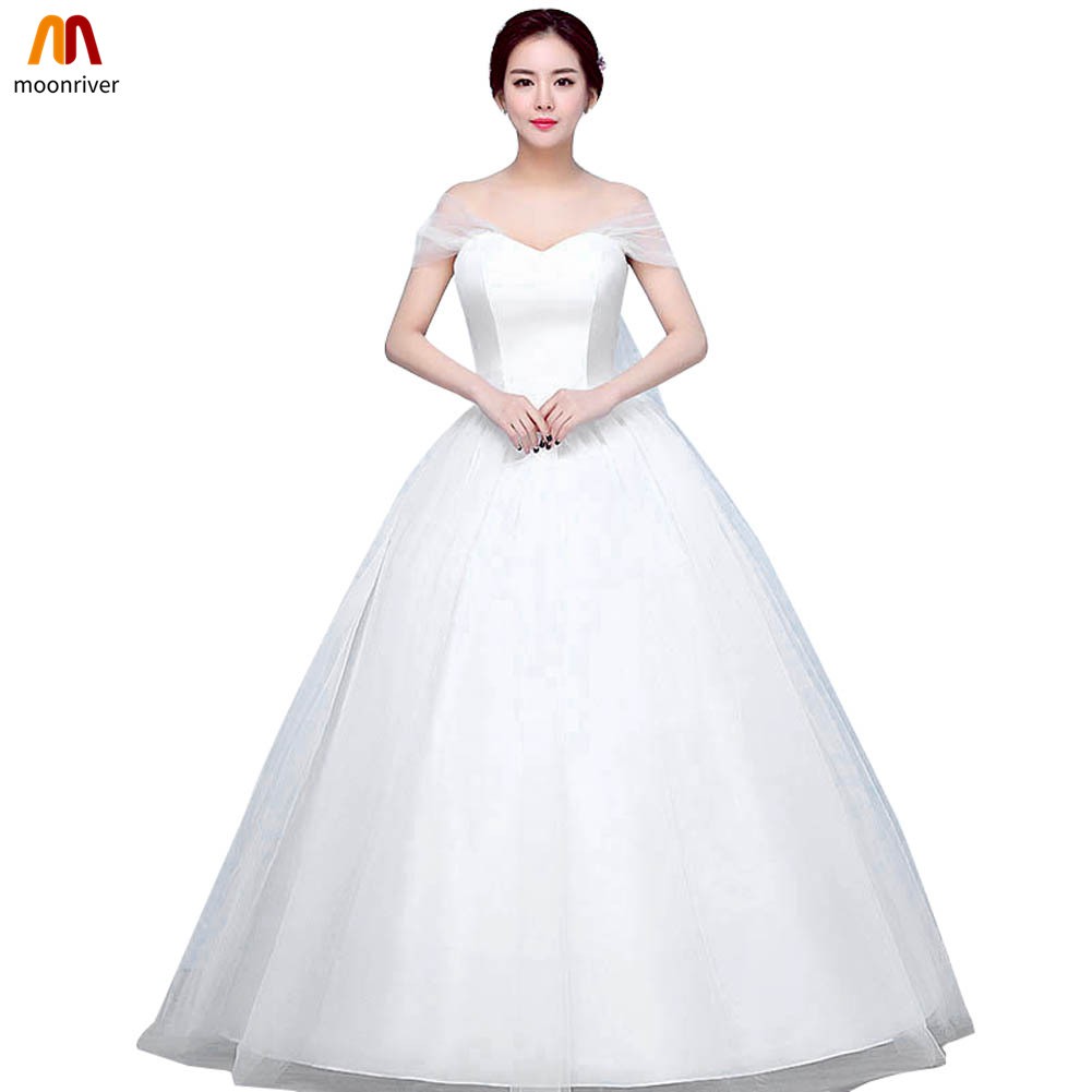 Women Sexy Ball Gown Dress White Yarn Lace Slash Neck Princess
