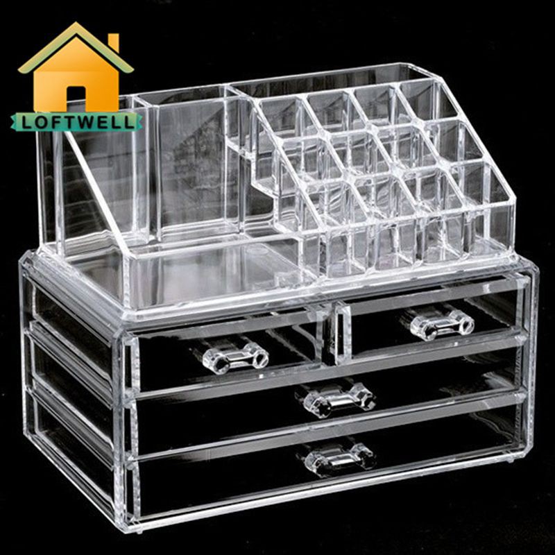 Clear Makeup Case 4 Drawer 16 Grid Cosmetic Organizer Jewelry