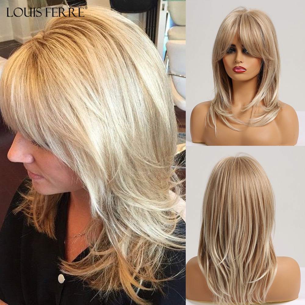 Louis Ferre Synthetic Medium Wavy Natural Wig With Bangs Women African American Hair Ombre Gloden Shopee Philippines