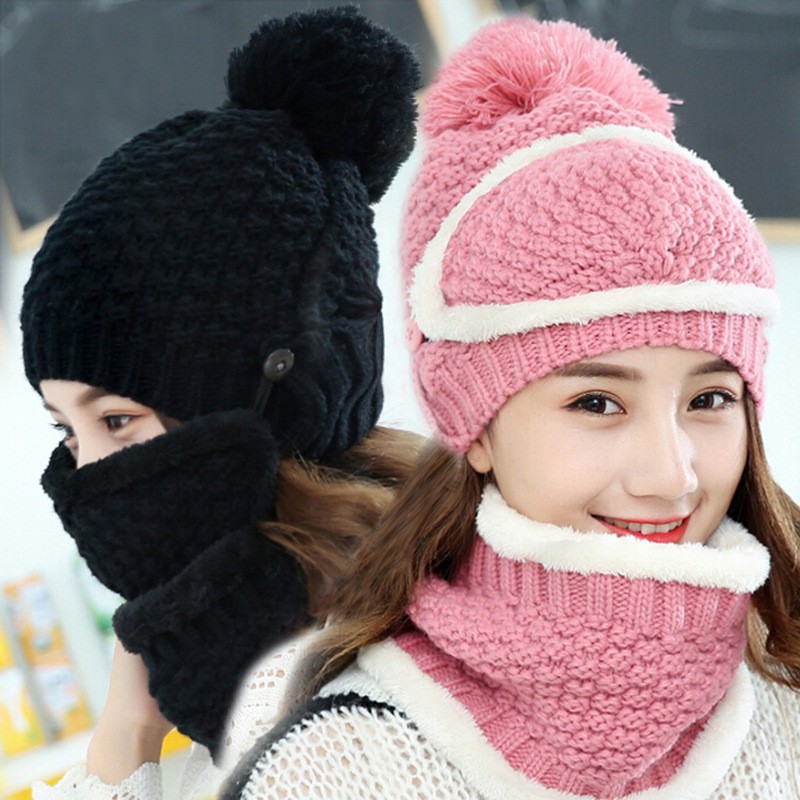 Women 3Pcs Winter Hat Scarf Mask Set Warm Knit Slouchy Beanie Hat Wool Ski Cap Infinity Scarf