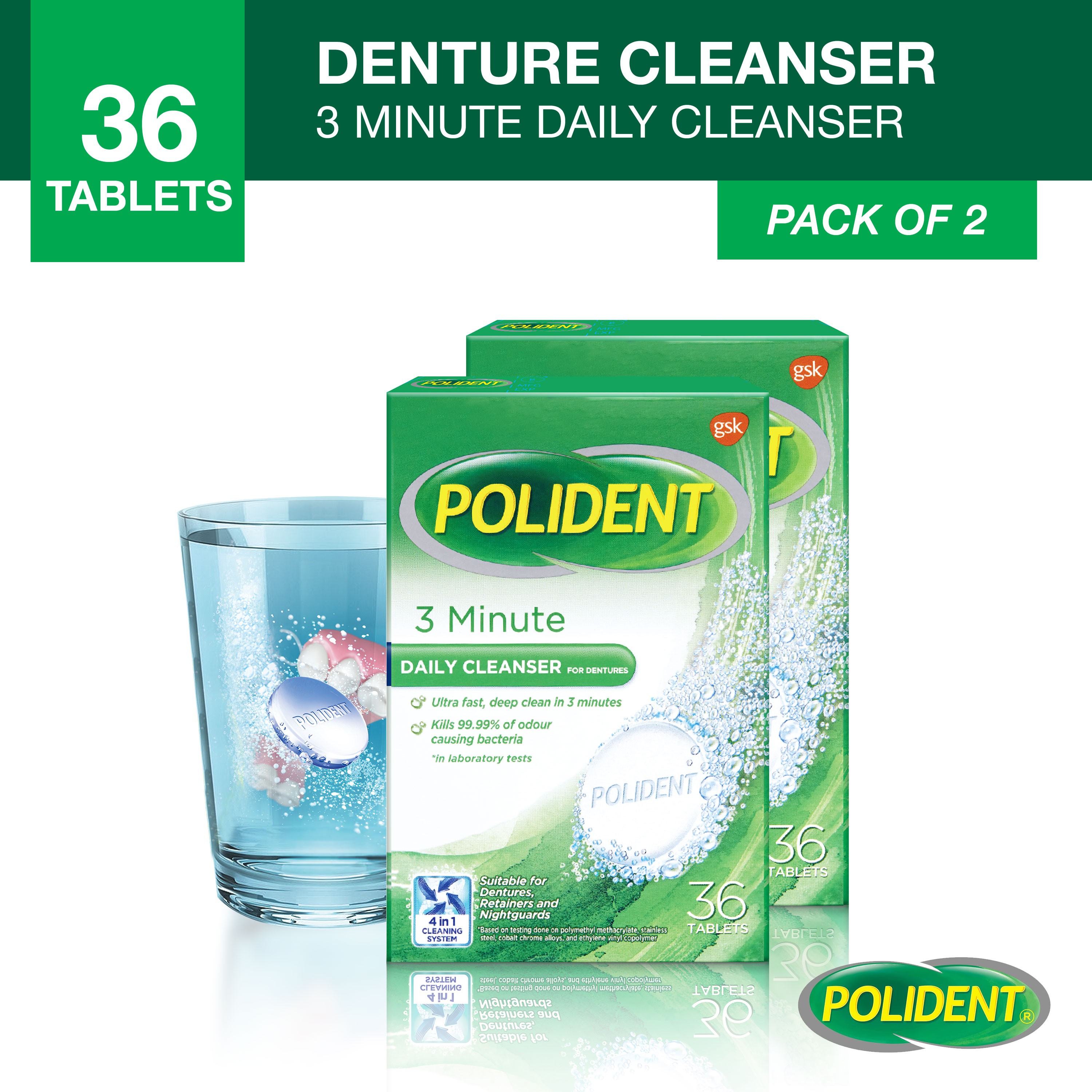 Polident 3Minute Denture (Pustiso) Cleanser for Fresh Breath Twin Pack