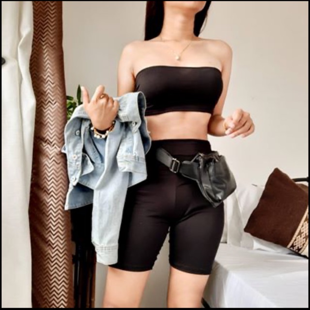 tube top and biker shorts