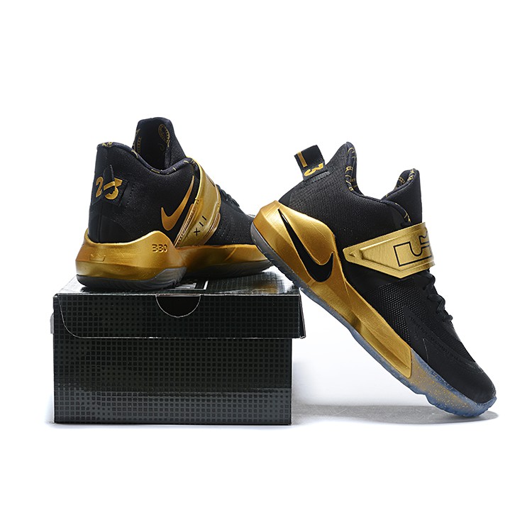 lebron james shoes black and gold