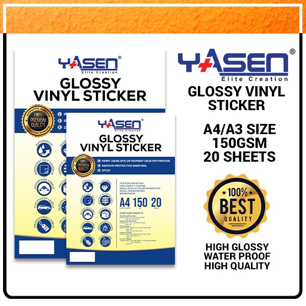 Yasen Vinyl Sticker Paper Waterproof A3 | A4 Size (Glossy) 20 Sheets ...