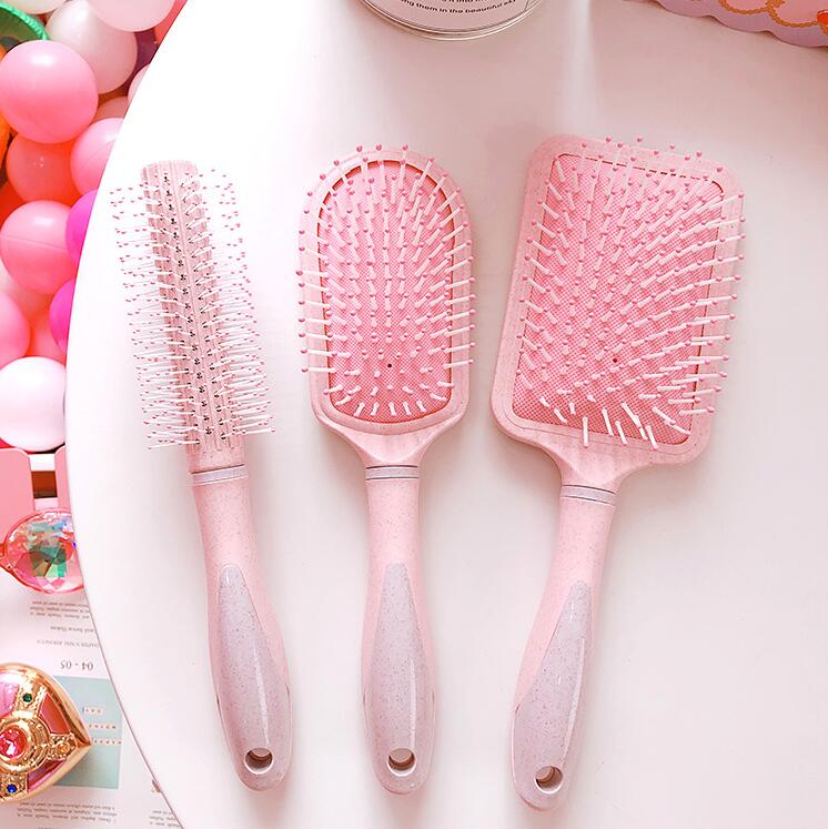 Sweet Pink Hairbrush Cushion Massage Hair Comb Straw Massage Brush Hair