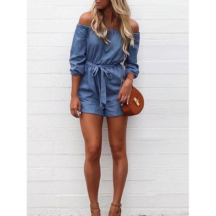 off the shoulder denim romper