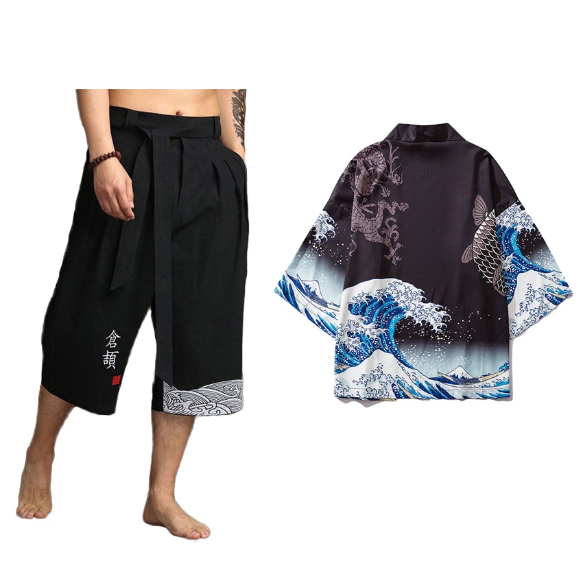 Japanese Traditional Kimono Pants Harajuku Men Summer Thin Loose Wave