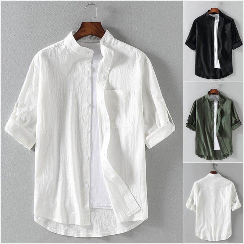 【Ready Stock】【7 Color】COD/M-3XL Men's Summer Plain White Stand-up ...